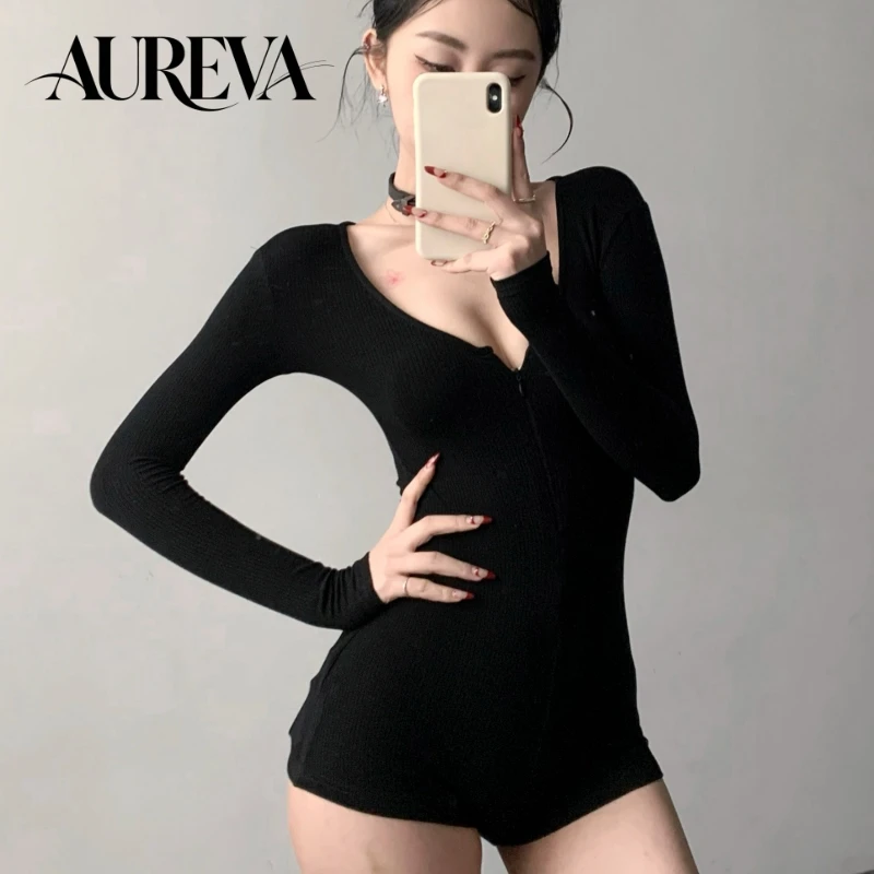 Ladies Slim Fit Long Sleeve Unitard Jumpsuit with Zip Collar European American Dance Fitness Gym Sport Yoga Bodysuit