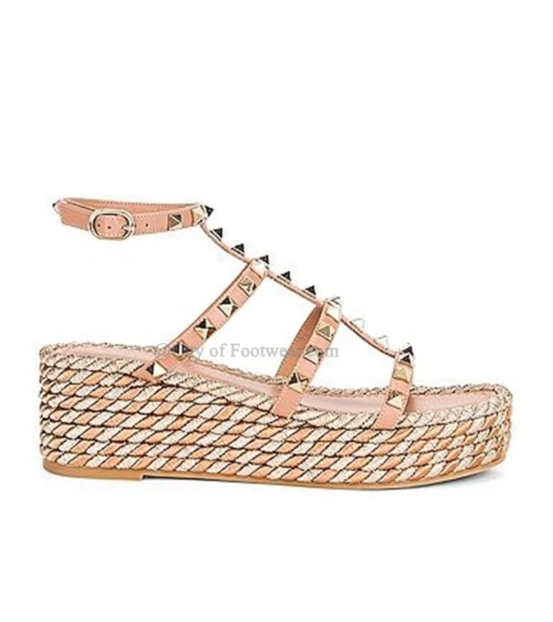 Rock Stud Caged Platform Sandals Women Espadrille Ankle Strappy Leather Thick Sole Sandal Summer Beach Causal Dress Shoes