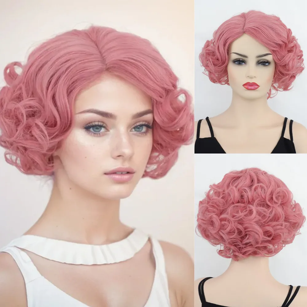 

Женский розовый короткий вьющийся парик, термостойкое синтетическое волокно, карнавальный костюм, парик для вечеринки