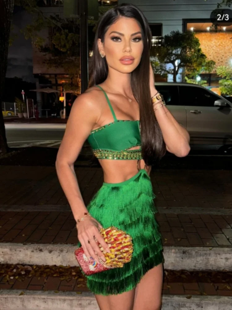 2024 New Arrival Green Color Women Sleeveless Sexy Strap Tassels Bodycon Mini Bandage Dress Hollow Out Celebrate Nightclub Dress