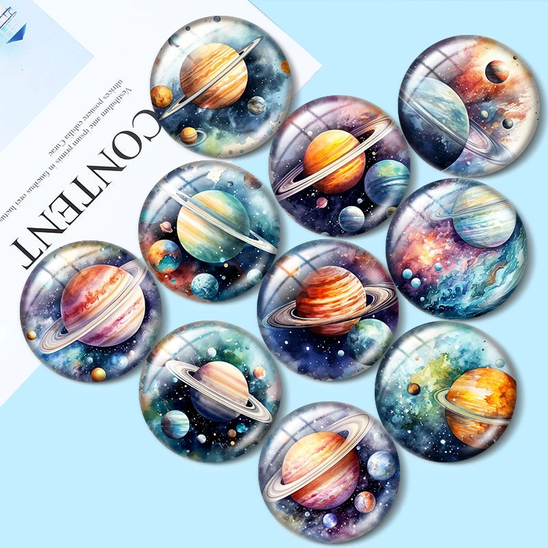Cabujones de cristal con diseño de planetas en acuarela de 12/18/20/25mm para pulseras, colgantes, anillos, pendientes y accesorios de joyería