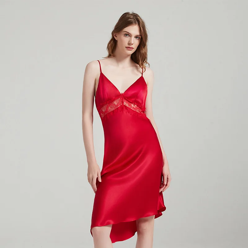 Sexy Lace Silk Slip Dress Women 100% Mulberry Silk Backless Nightgown Satin Sleepwear Camisole Party Clubwear Homewear