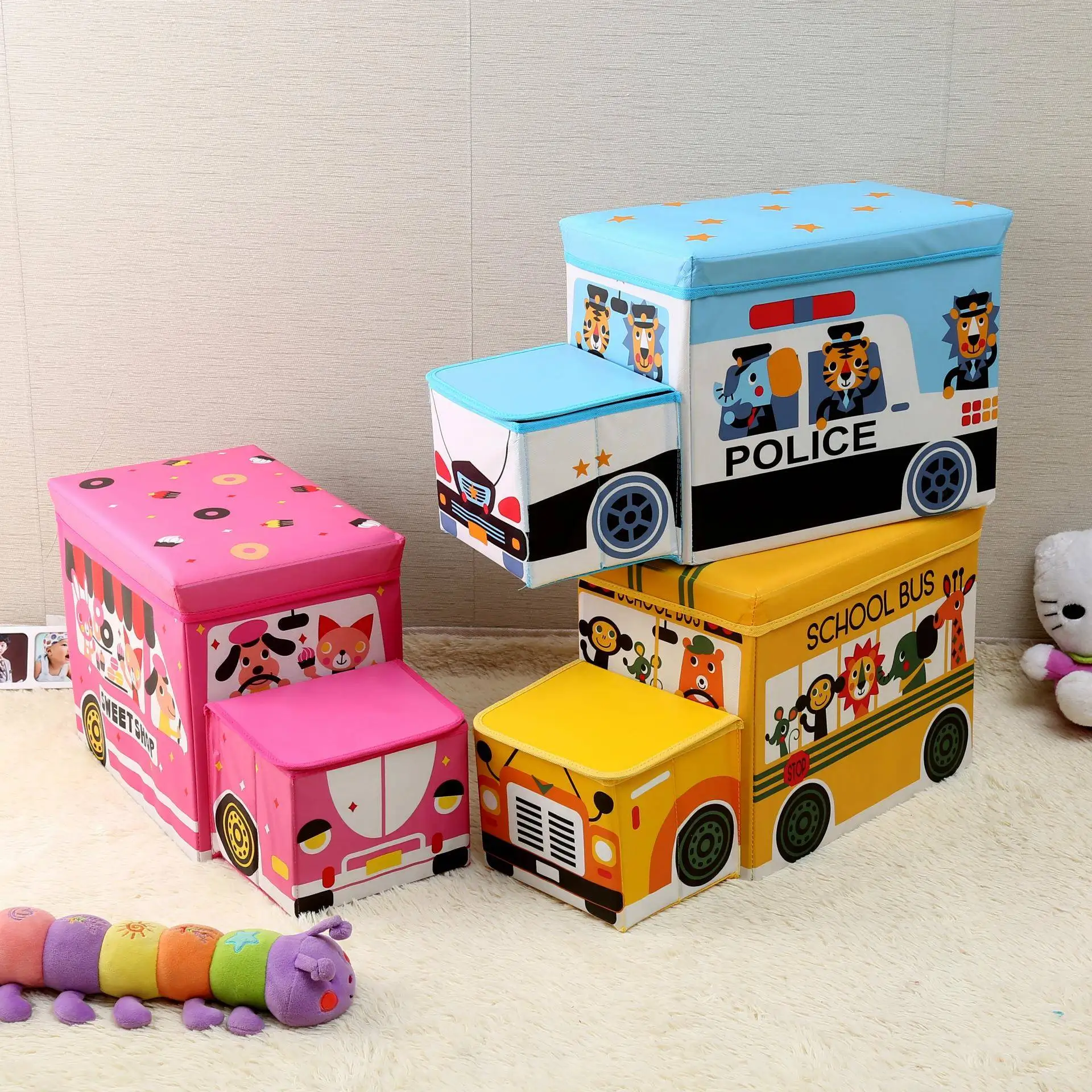 children's-car-shaped-storage-bench-toy-organizer-shoe-changing-stool-foldable-baby-storage-box-cartoon-style-fiberboard