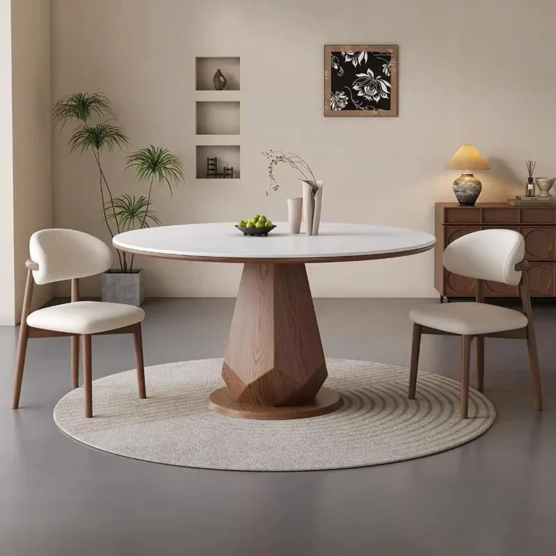 Modern Dinning  With Sintered Stone Top Wooden Round Table Antique Dining  With Turntable For Household Dinner