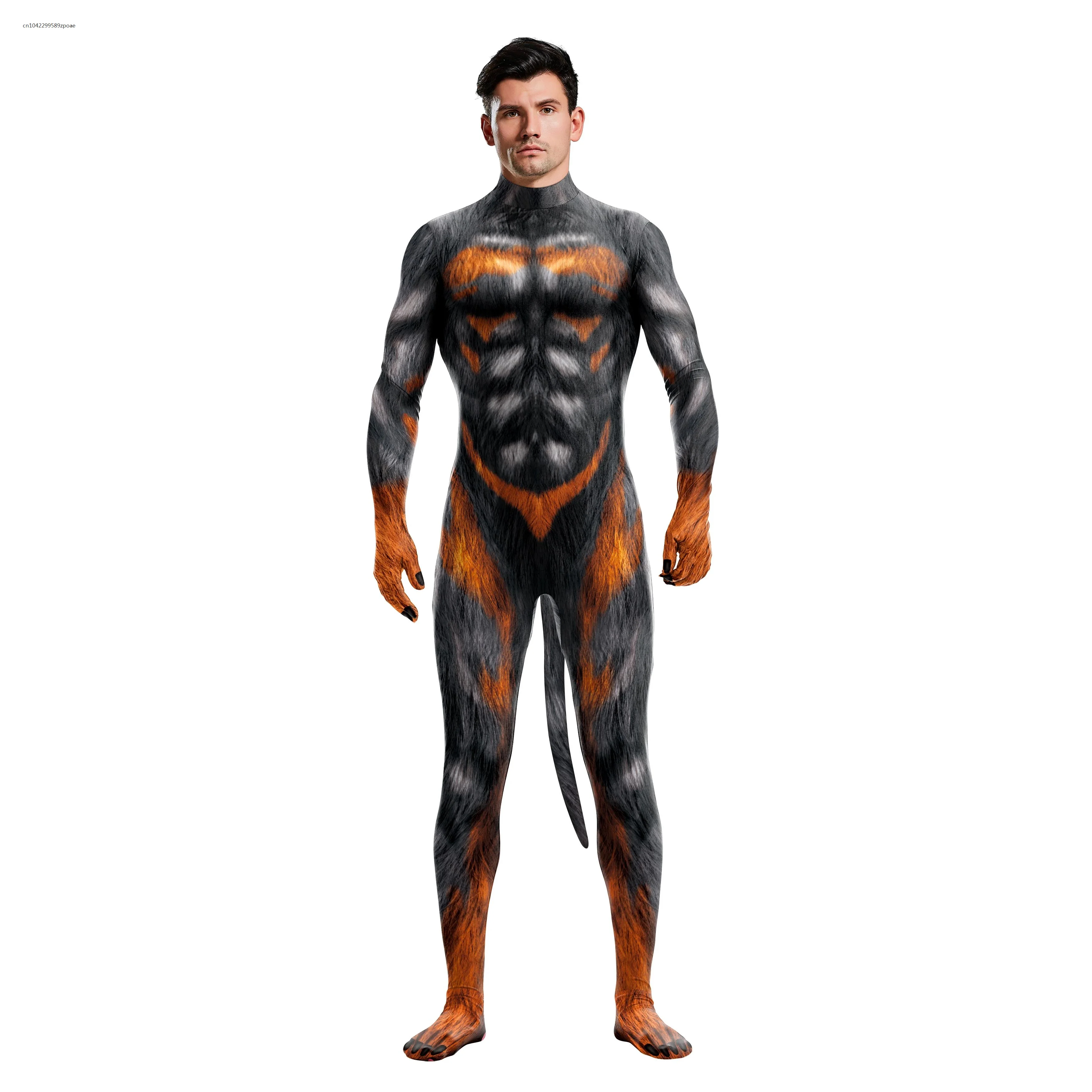 Cosplay Dier Wolf Print Paar Kostuum Met Staart Kruis Rits Halloween Feest Cosplay Outfit Vermomming Zentai Bodysuit Catsuit