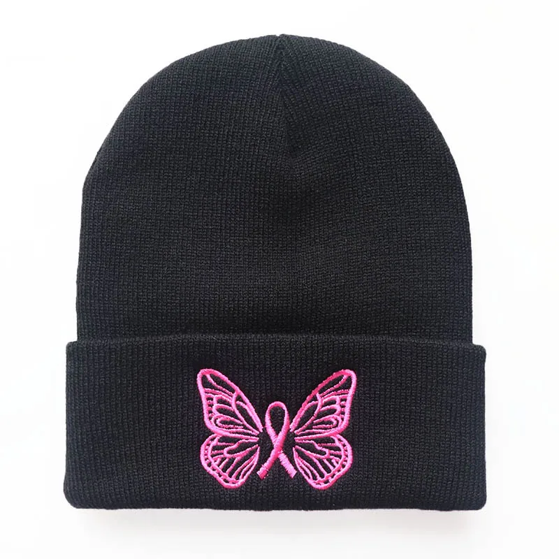 Pink Butterfly Embroidery Beanie hat Winter Hats Women Men Solid autumn beanies Knitted Hats Skullcap hip hop wool hats