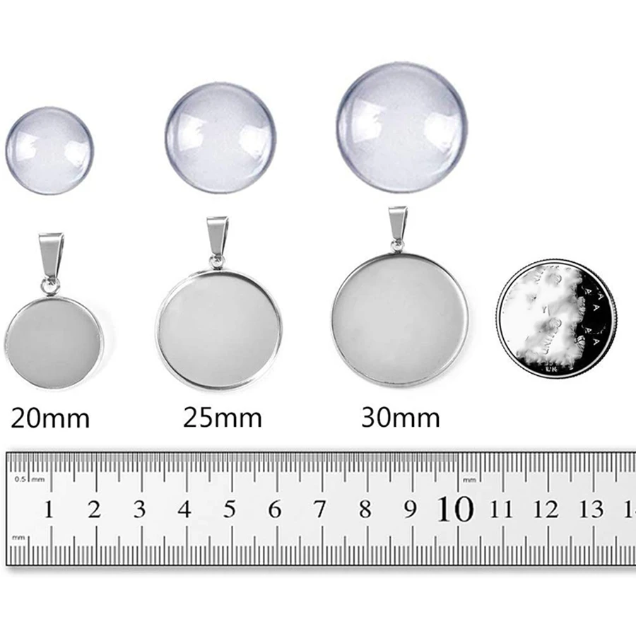 Blanking Pendant Blank Device-Stainless Steel Pendant Tray Round Frame with Glass Convex Gemstone Transparent Dome Pendant for