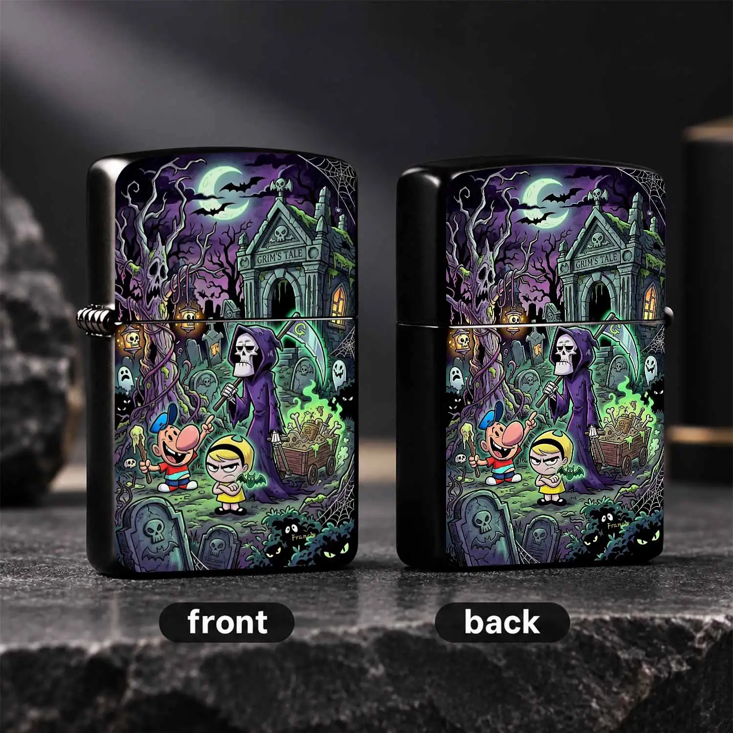 Grim Adventures Themed Portable Decorative Lighter, Vibrant Graveyard Scene Print, Spooky Fun Art Design, Compact Handheld Accessory For Daily Use, Party Favors, Halloween Decor Collectible, Smooth Touch Long Lasting Vivid Pattern, Ideal Gi