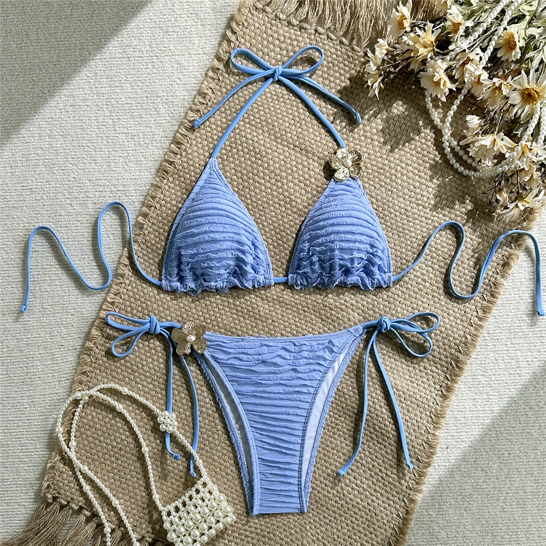 Zweiteiliges Bikini-Set mit Metallblumen-Design, Neckholder-Bikini, Damen-Badeanzug, Damen-Bademode, geraffter, gepolsterter Badeanzug, Badebekleidung, Modell V7478. – Detail 26