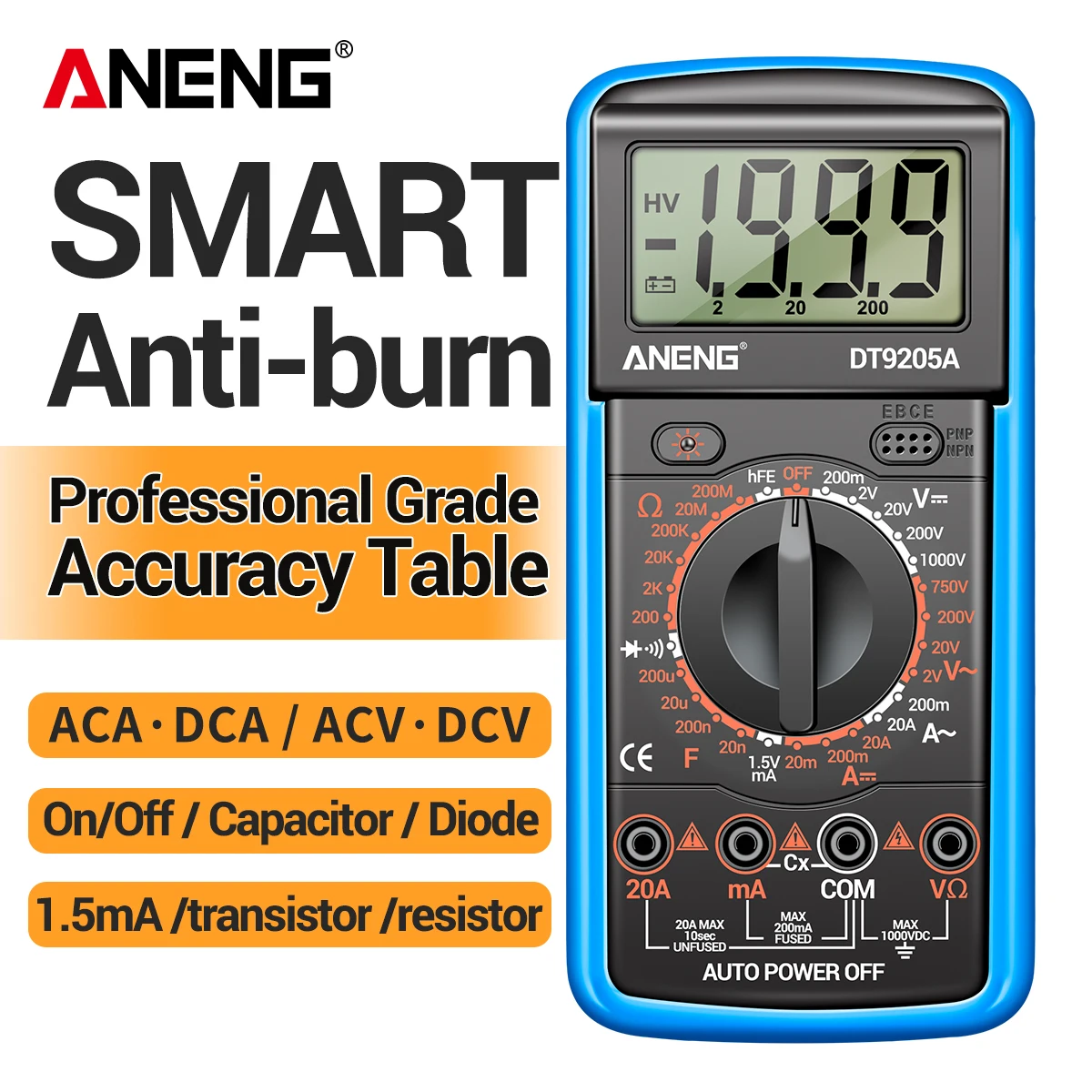 ANENG DT9205A Digital Test Meter 1999 Counts AC DC 750V 1000V 20A Capacitance Triode Diode Auto Power Off Home Repair Multimeter