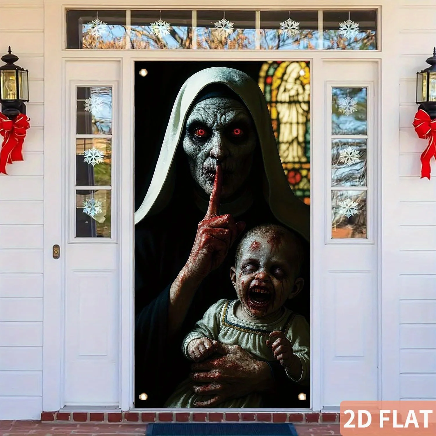 

Halloween Door Cover 71x35 Inches Scary Nun Baby Banner Creepy Front Door Curtain Spooky Horror Decoration Haunted House