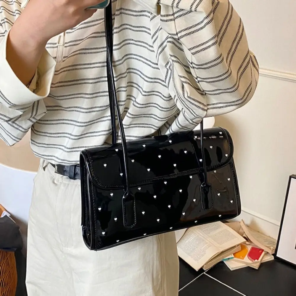 

French Polka Dot Shoulder Bag Smooth Waterproof Patent Leather Tote Bag Handbag Elegant Oil Wax Leather Underarm Bag Outdoor