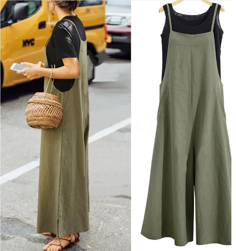 Jarretel Effen Lange Vrouwen Jumpsuit Casual Hoge Taille Katoenen Linnen Jumpsuits Zak Met Rechte Knoop Jumpsuits Losse Rok