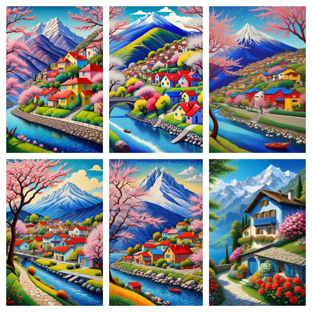 Colorful Village Diamond Painting New Full Diamond Mosaic DIY Seasonal Scenery Embroidery Cross Stitch Kits Home Wall Decor Gift