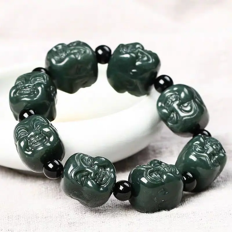 

Браслет с головой Будды из нефрита Синьцзян Хэтянь, двусторонний браслет с сапфиром с гравировкой.