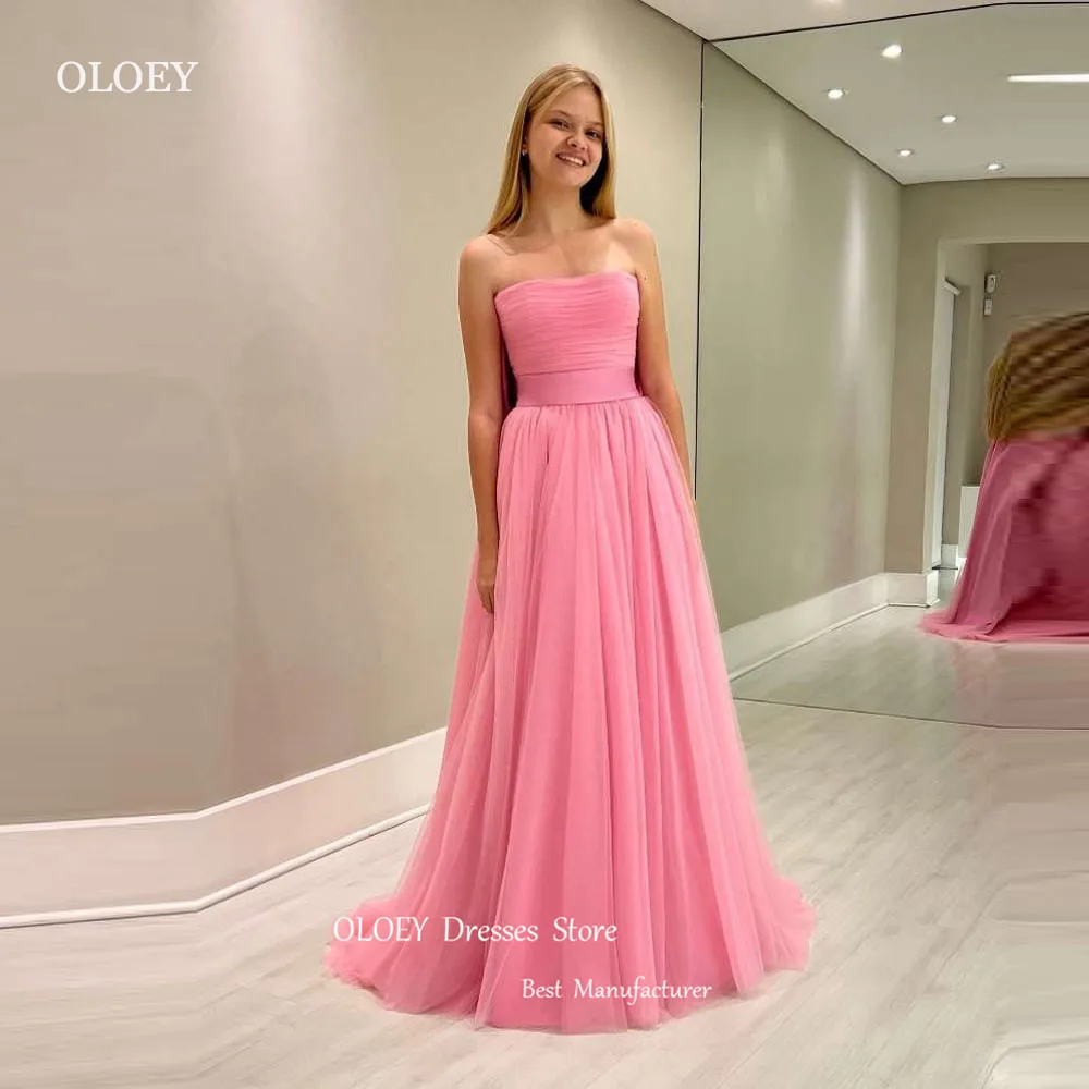 OLOEY 2024 Simple A Line Pink Evening Dresses Wedding Party Strapless Floor Length Prom Gowns Formal Occasion Dress Bow Back