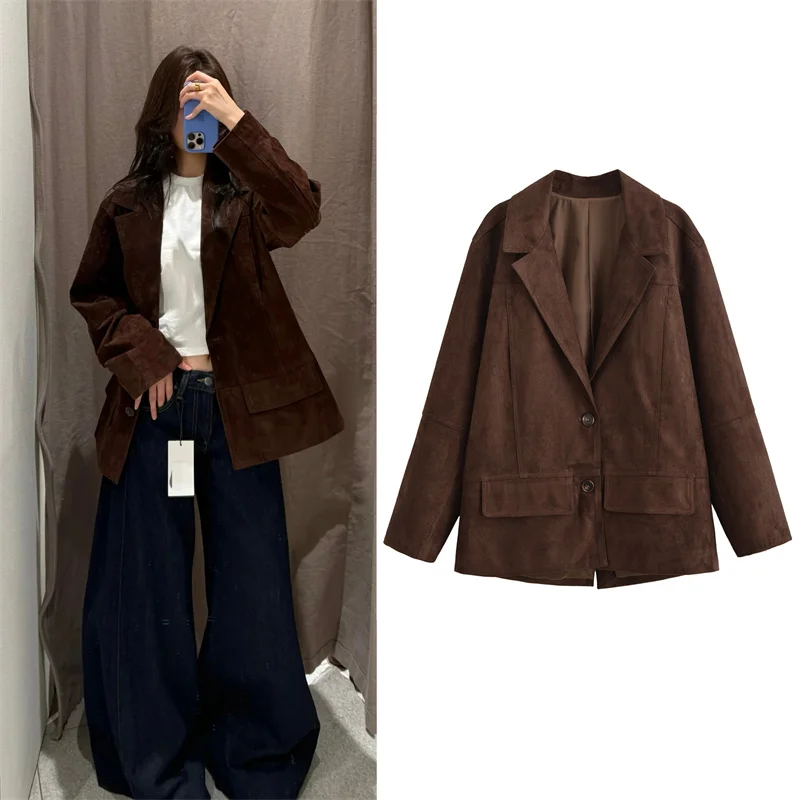 

Women's Coat 2025 Autumn New Collection Rust-colored Long-Sleeve Classic Suit Collar Loose Coat Casual Fashion