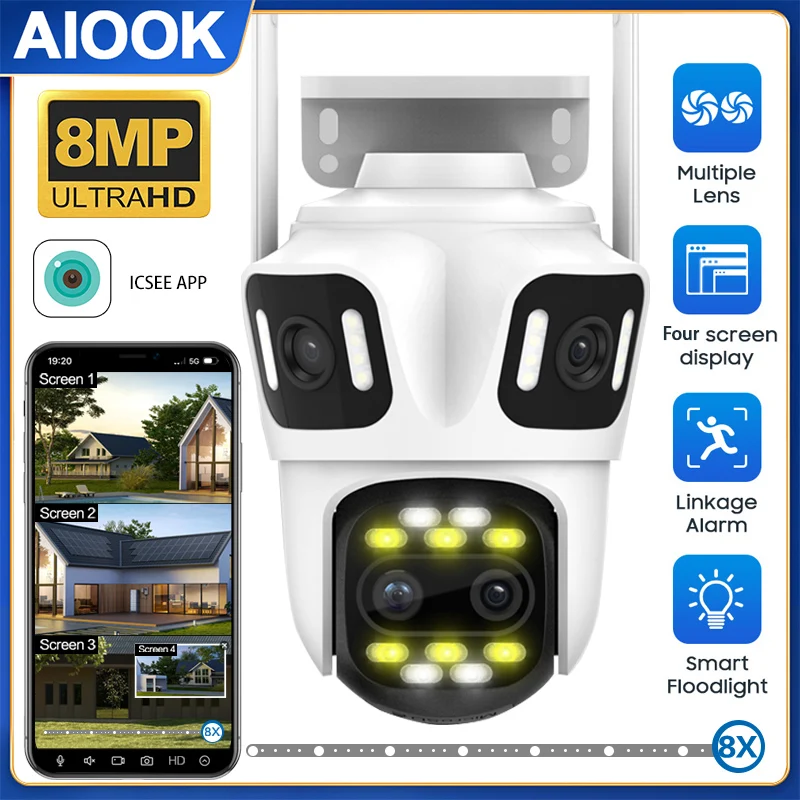 

AIOOK FourLens WIFI Camera 8X ZOOM HD 8MP Outdoor Camera Waterproof Night Vision Two-Way Intercom ICSEE IP CCTV Mobility Track