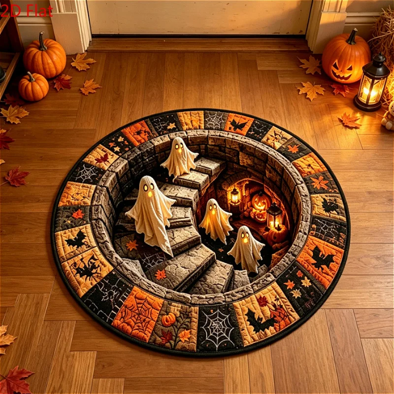 VIKAMA Halloween 3D Optical Illusion Round Rug Ghost Well Pit Non Slip Floor Mat For Entryway Bedroom Spooky Party Home Decor