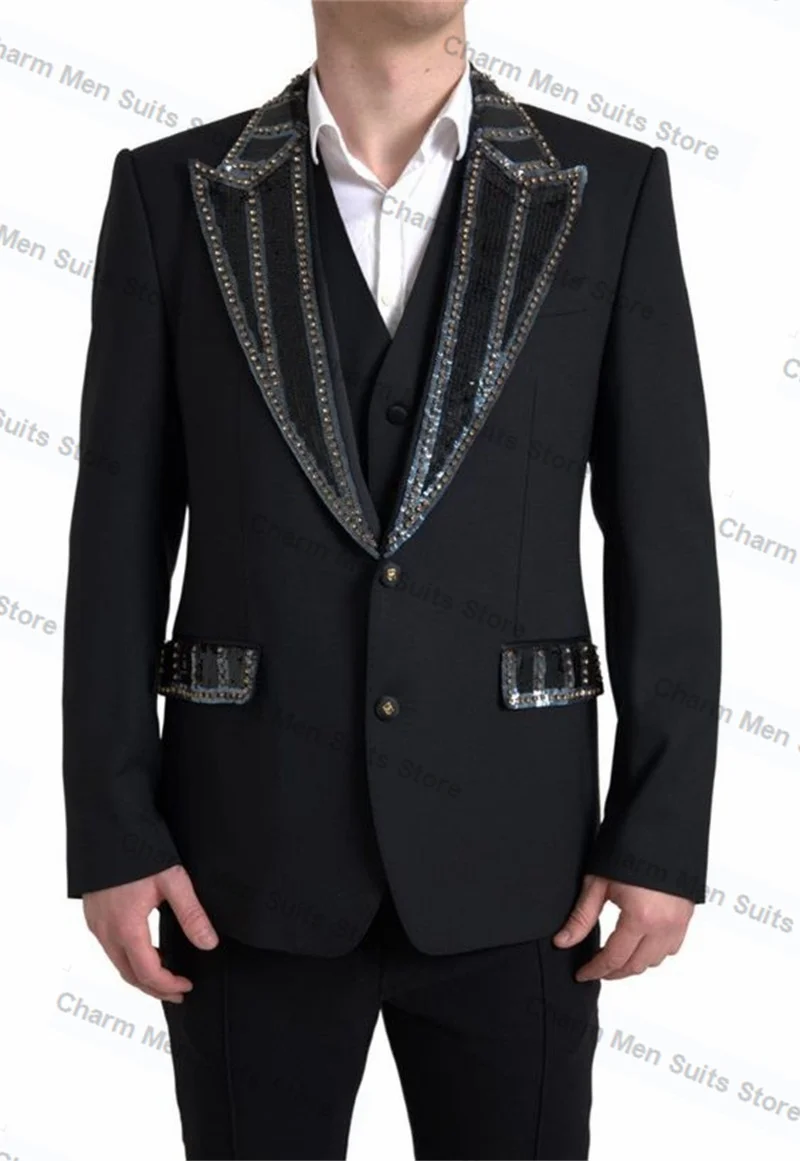 Black Crystal Men Suits Set 2 Piece Blazer+Pants Trousers Custom Made Wedding Tuxedo Formal Office Cotton Groom Prom Jacket Coat