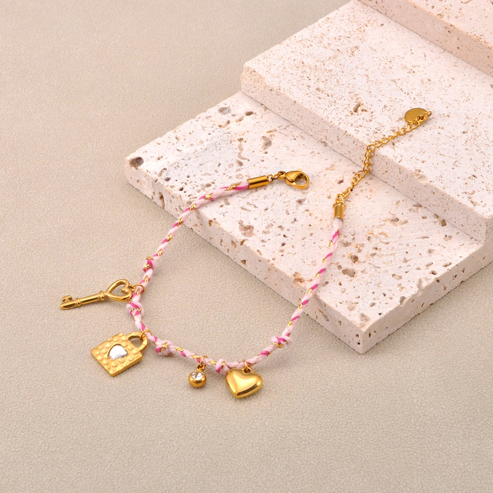 JeeMango 316L Edelstahl Goldene Herz Liebe Tasche Zirkonia Armband Dame Neue Wasserdichte Rosa Seil Kette Schmuck B25155