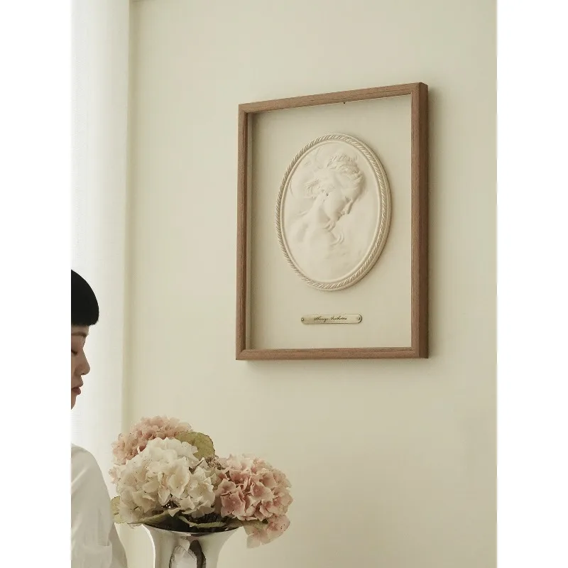 Mountain aesthetics living room sofa background wall solid wood frame three-dimensional sculpture decorative painting retro Fren