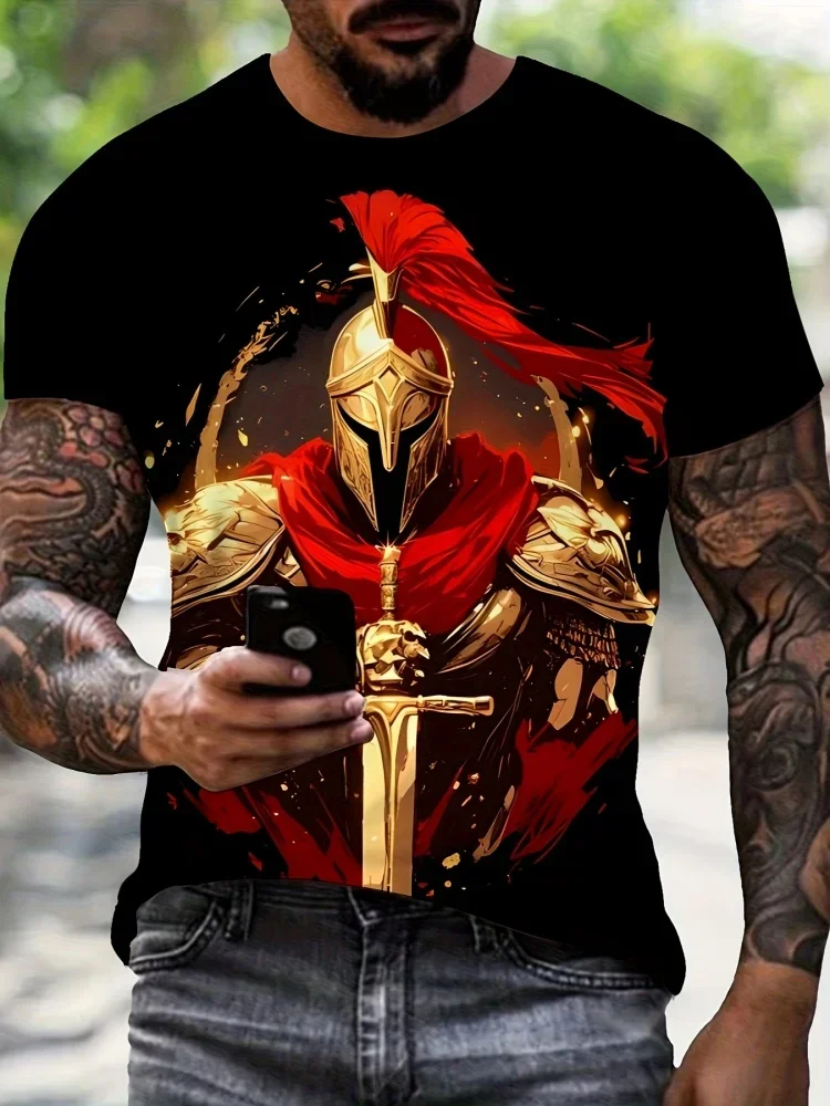 Vintage Men Golden Spartan Warrior Knight Graphic Tee Medieval Gladiator Armor Print Dark Streetwear Casual Short Sleeve Tops
