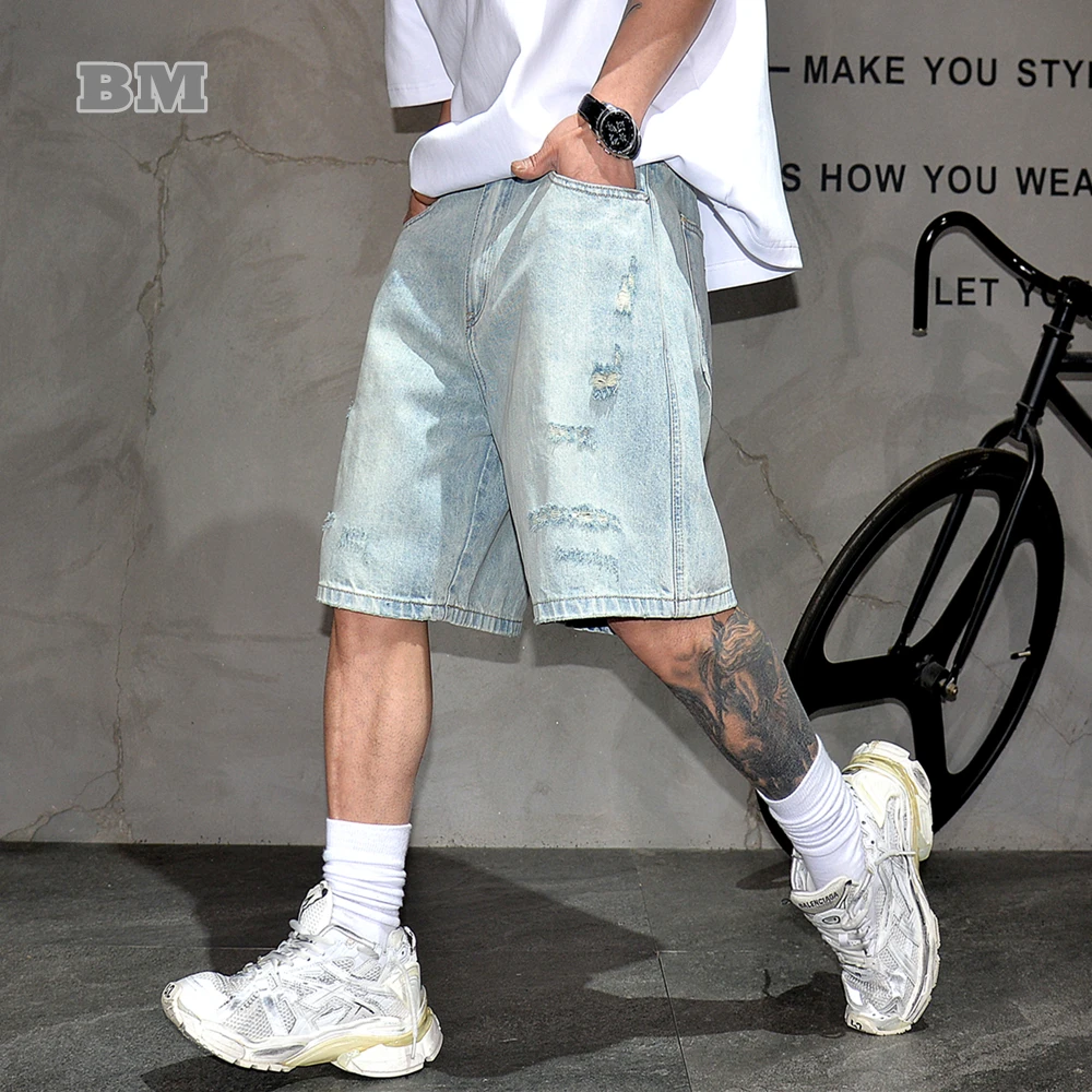 

Summer Korean Streetwear Light Blue Washed Ripped Denim Shorts Men 5 Inch Inseam Hip Hop Trendy jorts Straight-leg Jeans Male