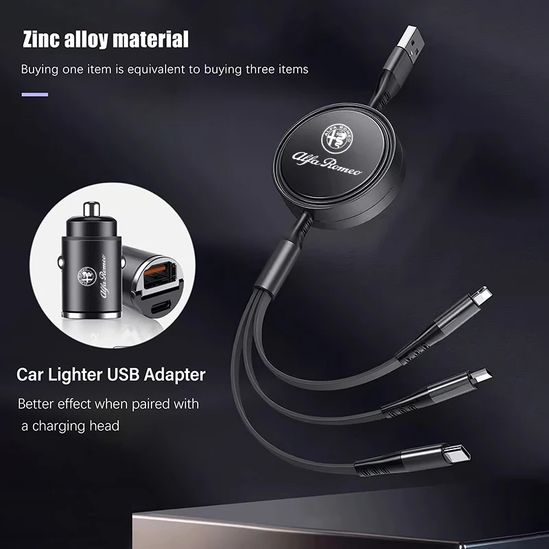 Cable USB de datos retráctil 3 en 1, Cable de carga de teléfono para Alfa Romeo Giulia Stelvio Giulietta 156 159 147 Mito Tonale Brera