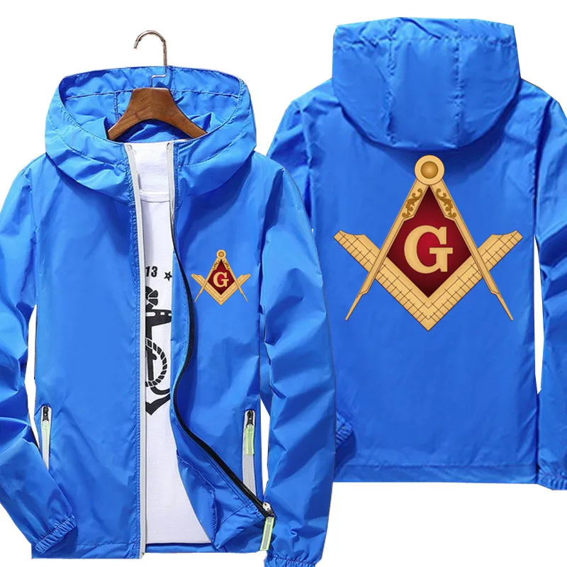 Mens Bomber Hooded Mason Masonic Freemasonry Architecture Symbol Pilot Thin Windbreaker Sunscreen Skin Cycling Jacket Oversized