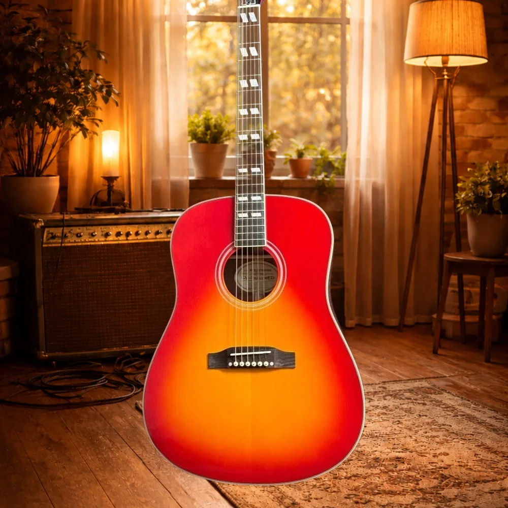 Red Gradient Popular Style Acoustic Guitar Peach Blossom Wood Body Solid Top Rosewood Fingerboard 6 Strings 20 Frets