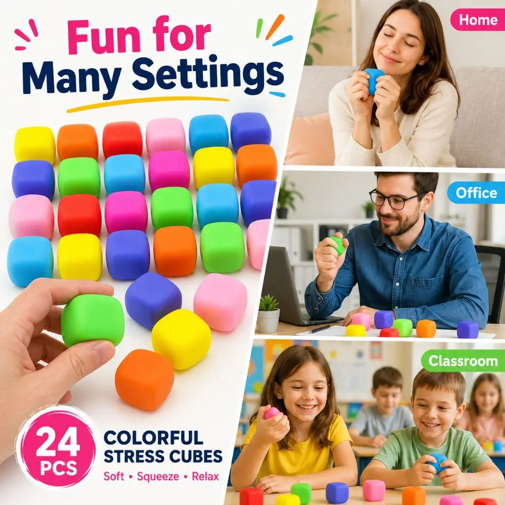24PCS New 3.5cm Stress Cube Flour Filled Slow Rise Sensory Stress Toy Stretchable TPR Slow Rise Stress Cube School