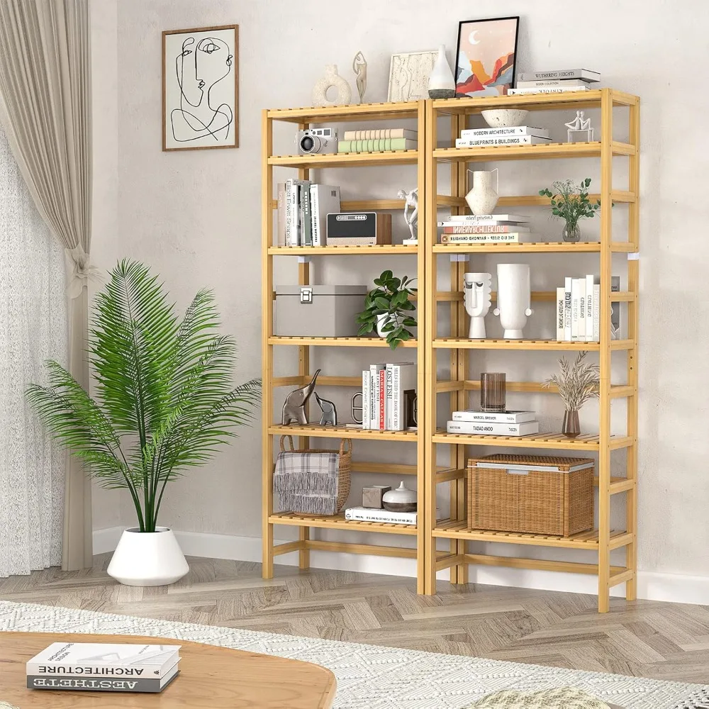 6-Tier Bamboo Bookshelves and Bookcases, Adjustable Tall Shallow Book Shelf Organizer Rack