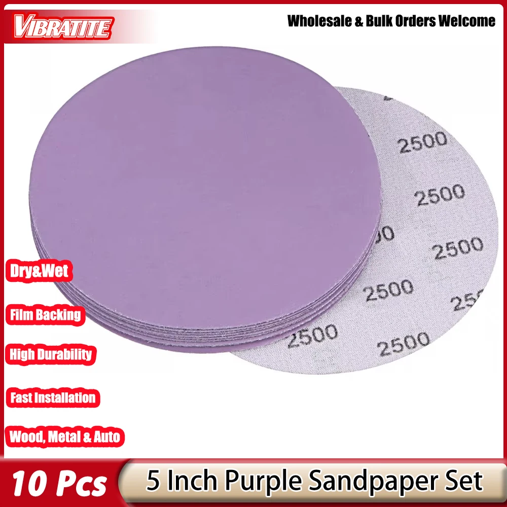 10 Pcs 5 Inch 125mm Sandpaper Film Hook Loop Sanding Disc Wet Dry for Wood Metal Automotive Finishing Grinding
