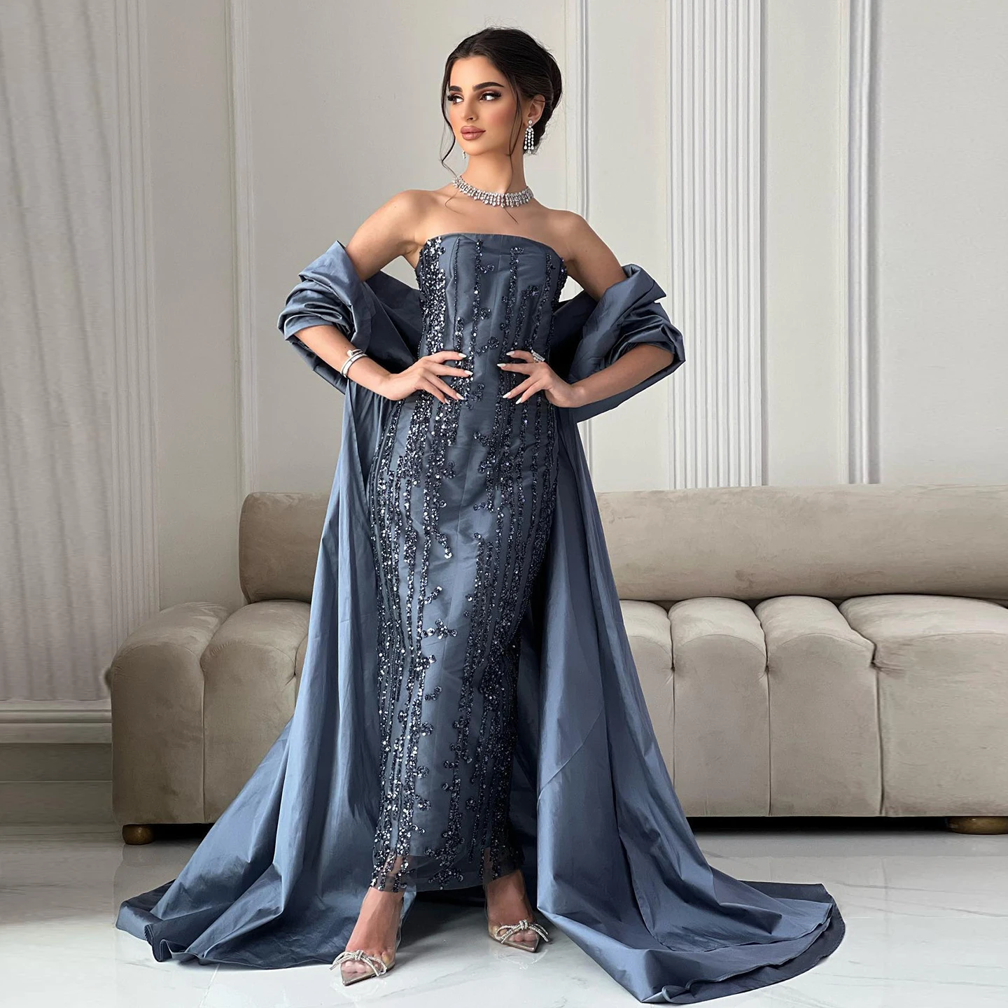 

Sharon Said Luxury Blue Strapless Arabic Beaded Evening Dress with Cape for Dubai Women Wedding Party Gowns SS454 Customized