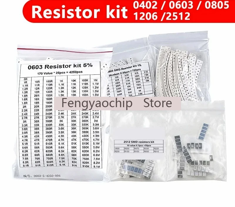 50-4000개 저항기 세트 0603 0805 1206 1210 0402 SMD 저항기 모듬 키트 1R-1M 1% 33가지 값 X 20개 660개 샘플