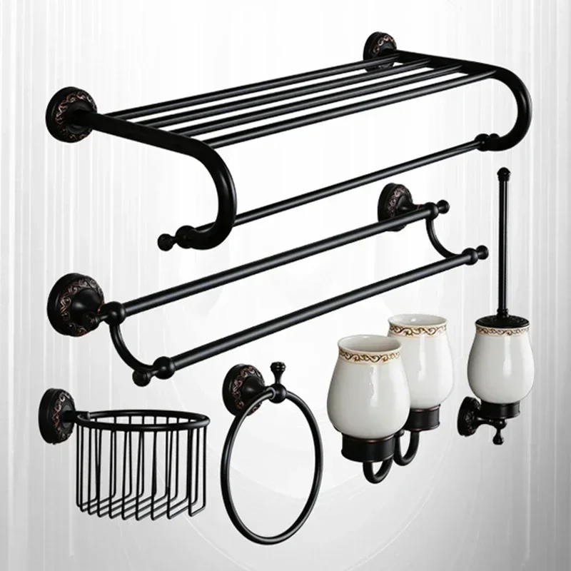 

Black Bronze Bathroom Accessories Carving Bath Towel Shelves Toilet Brush Holder Soap Holder Toilet Paper Holder Bath Hardware