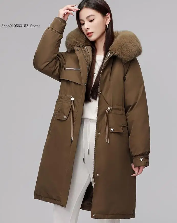 Women Winter Mid-Length Over-Knee Waist Slim Fit 3-In-1 Detachable Cotton Jacket Thick Plush Warm Casual Outdoor Outerwear
