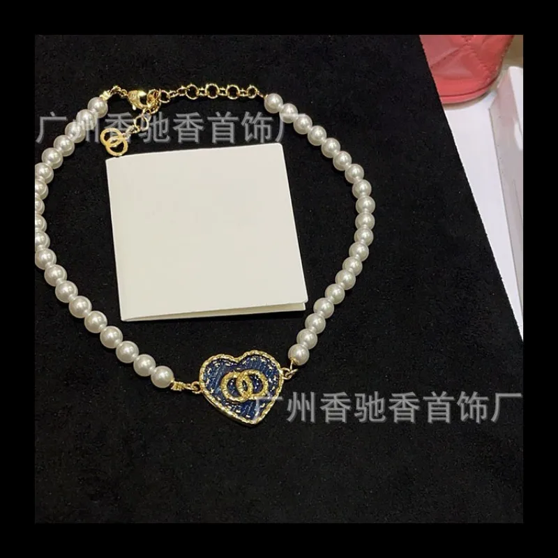 القرون الوسطى Xiaoxiang الدنيم الأزرق الخوخ القلب اللؤلؤ قلادة الكلاسيكية الفرنسية خمر تنوعا سلسلة الترقوة النساء #2