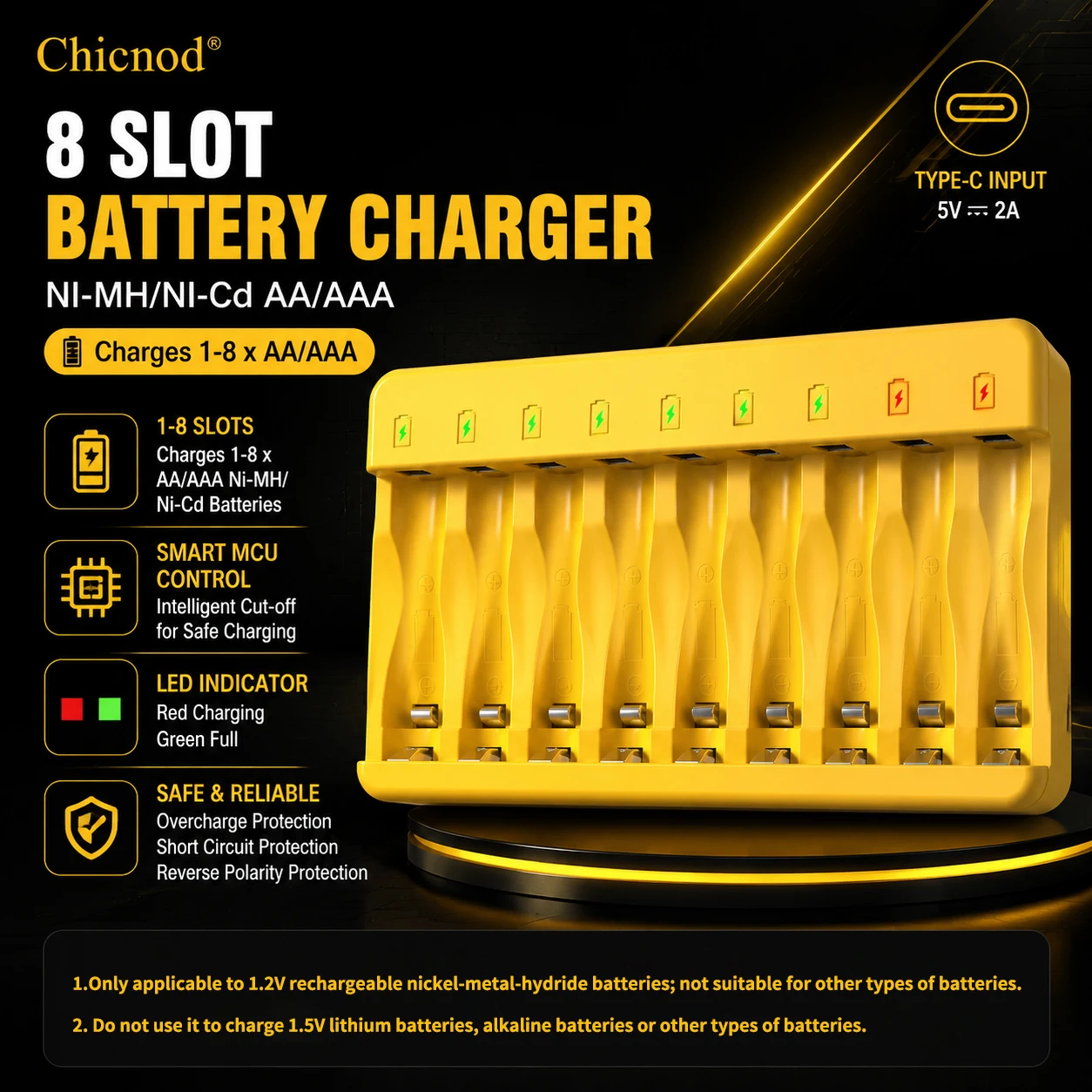 Chicnod N805 AA AAA Ni-MH Ni-Cd Battery Charger 8 Slot LED Indicator USB Type-C Smart Charger for Rechargeable Batteries