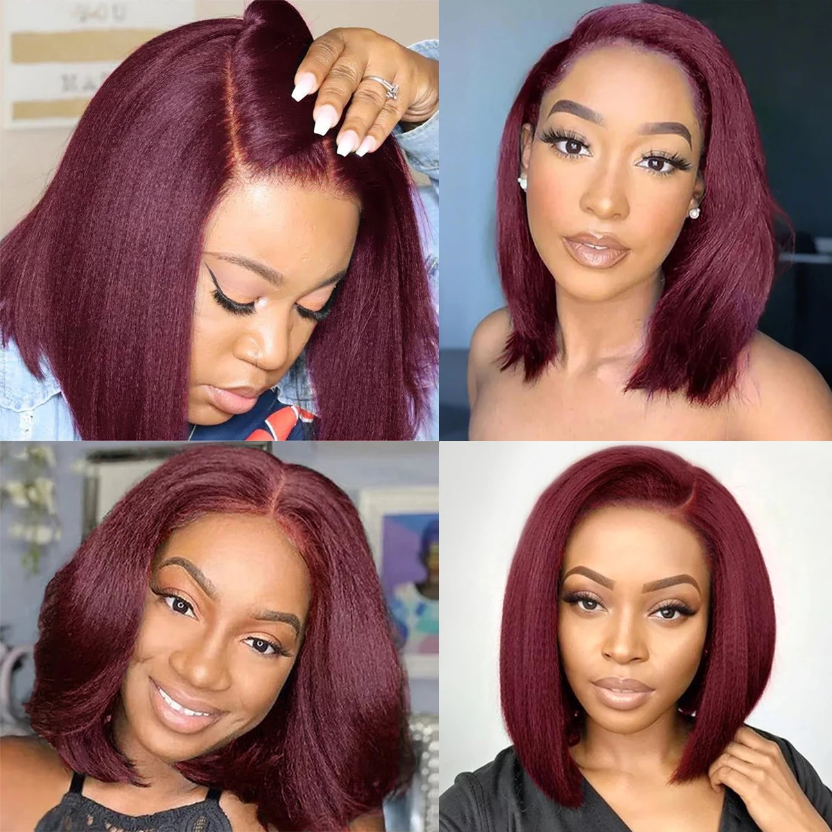 密度200の縮れストレート99Jボブウィッグ人毛ブラジル産バーガンディレッドカラー13x4レースフロント人毛ウィッグ焼きショートヘア