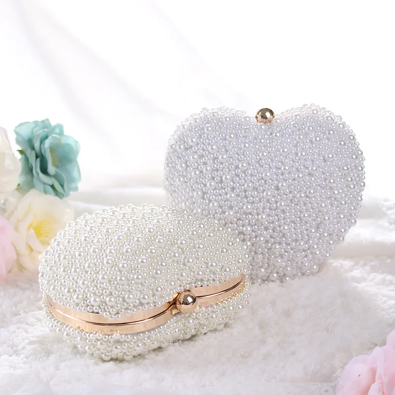 2023 Party dinner bag Pearls Heart Shaped Wedding Clutch Purse Full Side Beads Mini Wallets With Chain Shoulder Bags For Girls