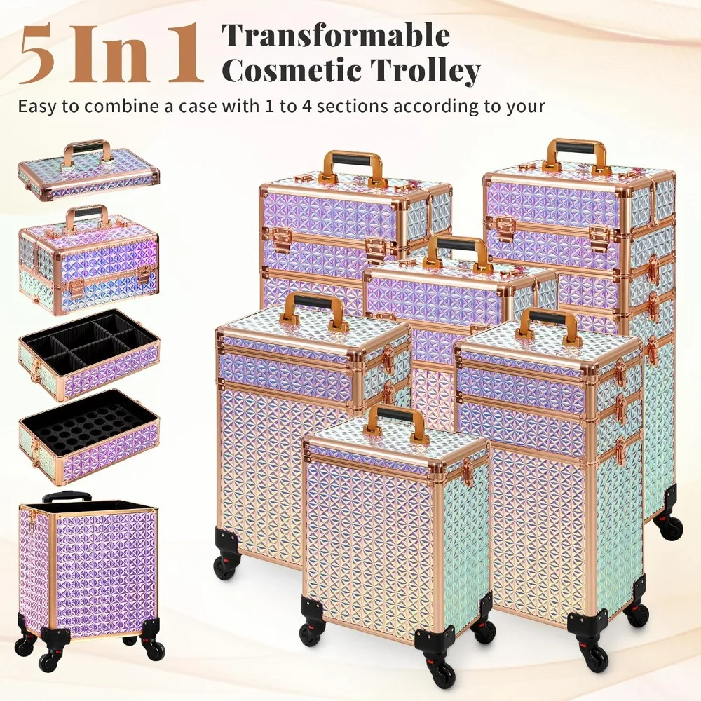 AROUS 5 in 1 Rolling Makeup Train Case with Lid Cosmetology Case on Wheels