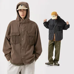 Women Spring Autumn Corduroy Pocket Oversize Shirt Style Hooded Cargo Jacket Men Streetwear Loose Casual Pure Cotton Coat