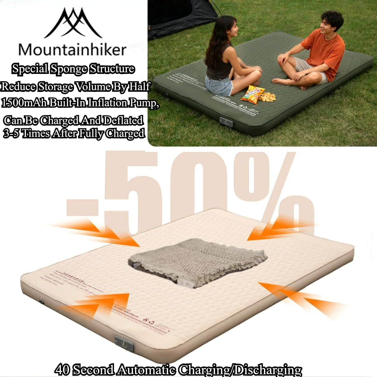 MOUNTAINHIKER Self-inflating Camping Mattress-Thick Sponge Pad with Memorylike Rebound Function,Includes Storage Bag