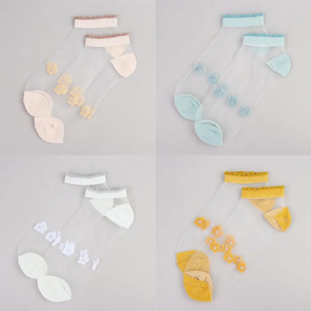 1 Pair Summer Ultra Thin Glass Silk Women Socks Small Daisy Printed Shallow Mouth Lace Ruffle Transparent Boat Hosiery