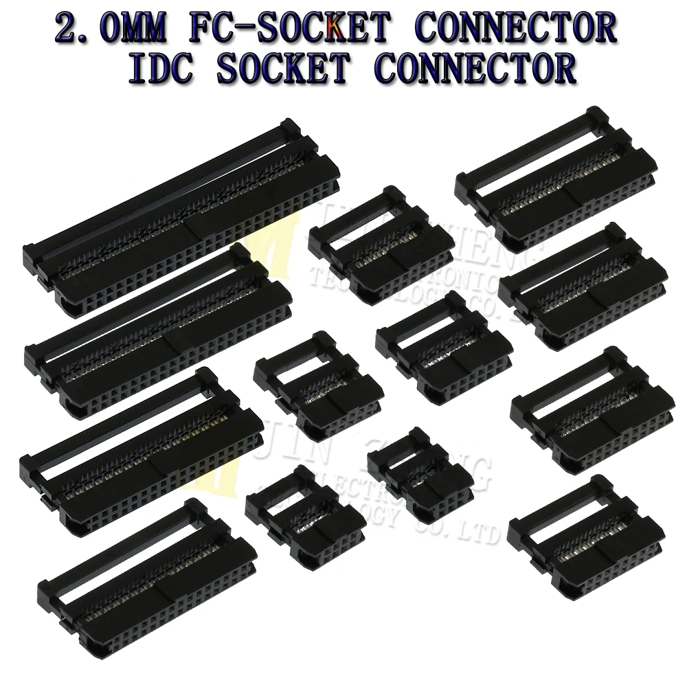 10pcs 2mm 2.0mm Pitch FC 6/8/10/12/14/16/18/20/24/26/30/34/40/44/50 Pin IDC Female Header Socket Connector For 1.0mm Flat Cable