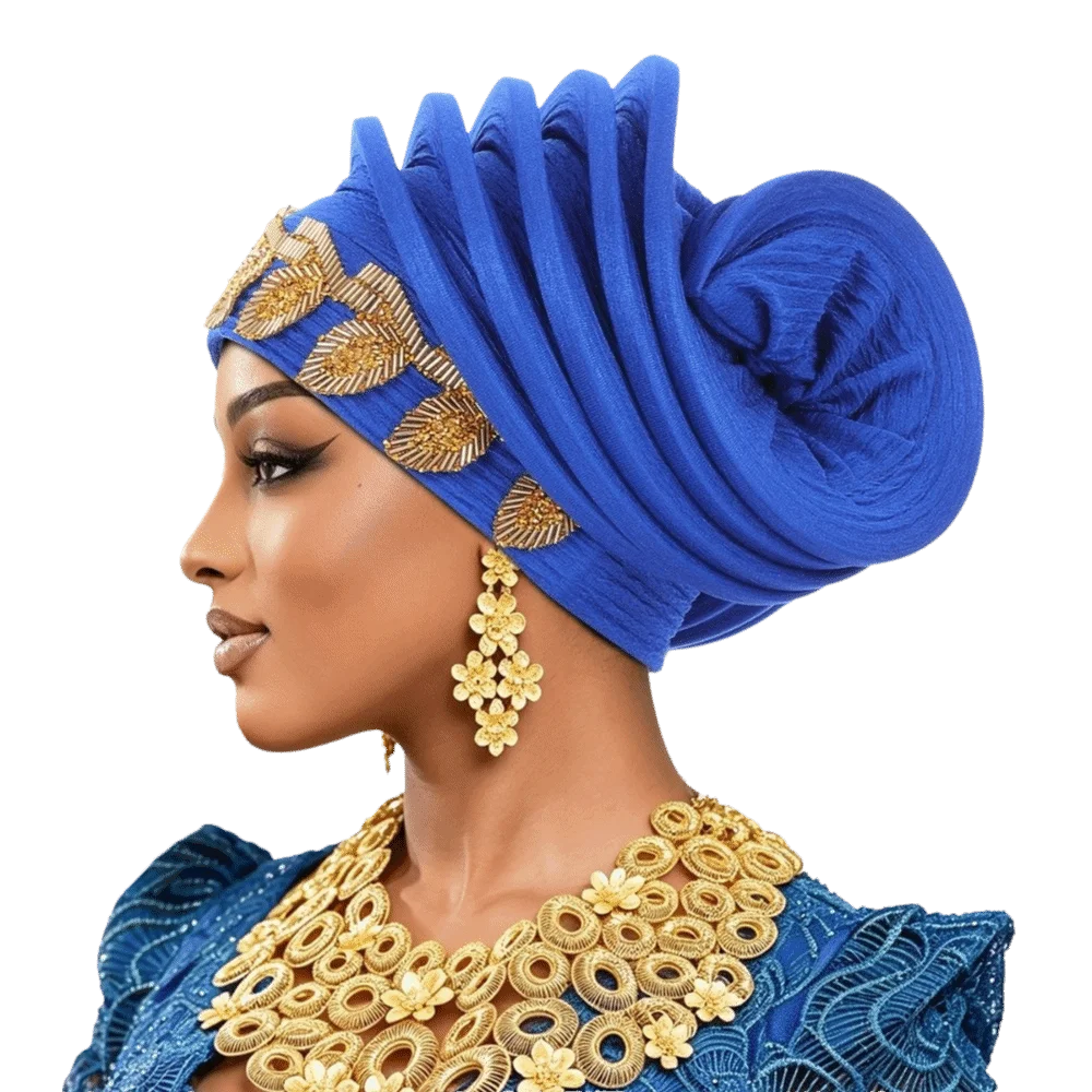 Vintage Shiny African Gele Headwrap Leaf Gold Embellished Yoruba Turban Hat Polyester Pre-tied Traditional Headpiece Ceremony