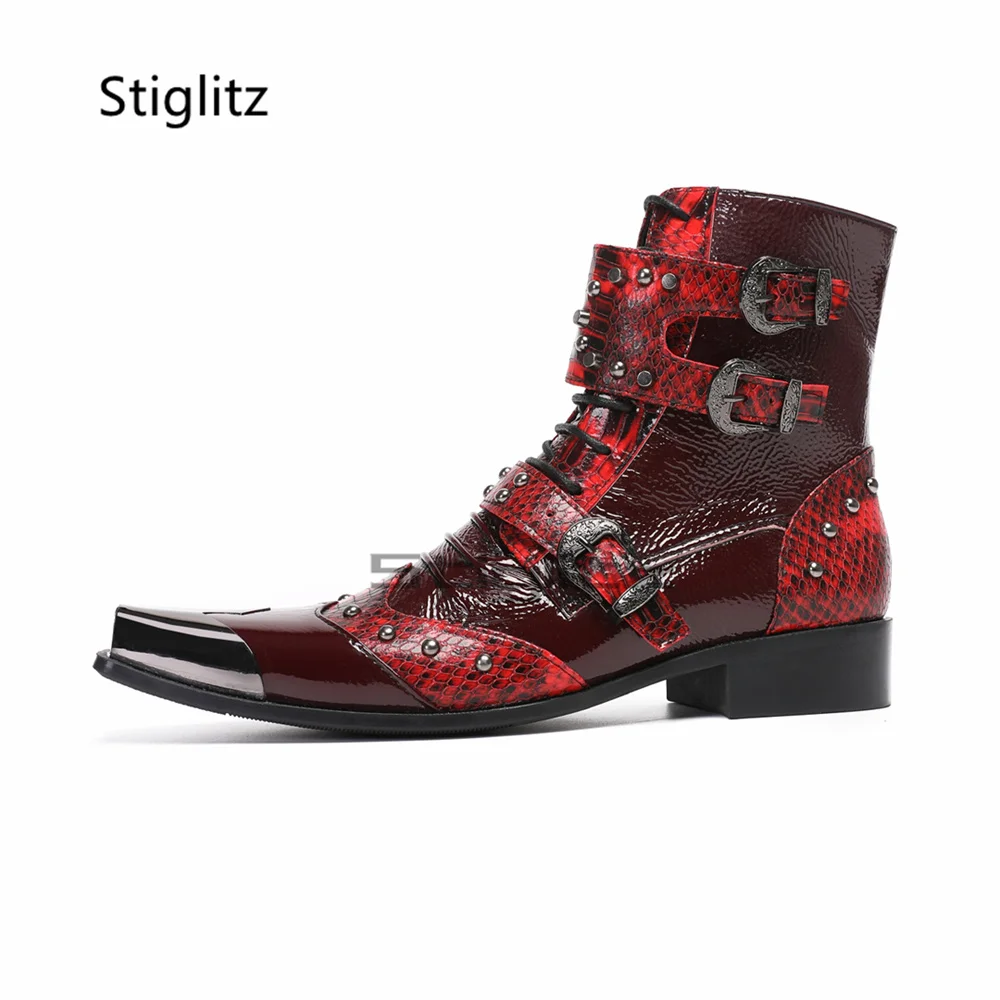 Men's Metal Square Toe Rivet Belt Buckle Chelsea Boots Wine Red Genuine Leather Patchwork Zipper Short Boots Punk Dress Shoes
