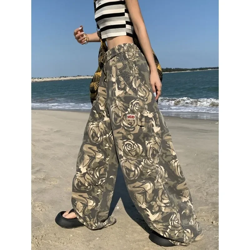 QWEEK Y2k Oversize Camouflage Cargo Pants Woman Baggy Casual Harajuku America Style Trousers Summer High Waist Gyaru Pantalones